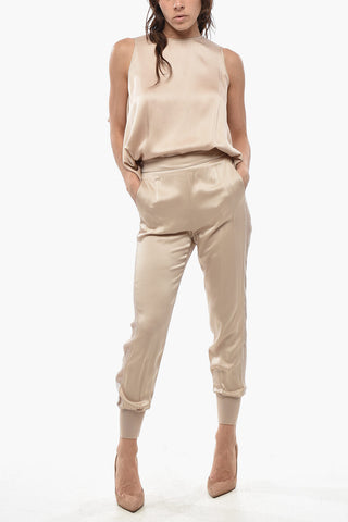 Pantaloni in Satin JULIA con Bande Laterali See Through e Polsini