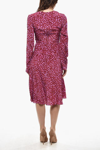 Vestito in Seta a Fantasia Animalier a Maniche Lunghe con Scollo a V