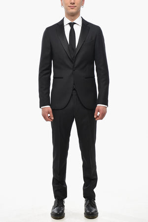 CC COLLECTION Jacquard Wool 3-Piece Suit with Satin Lapel