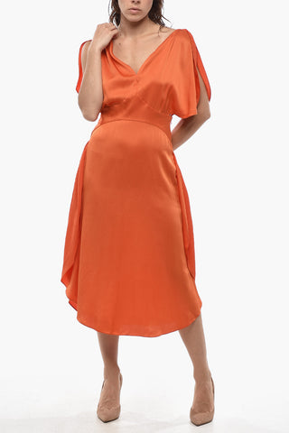 Aus Satin ausgestelltes Kleid PAULINA mit Blütenärmeln