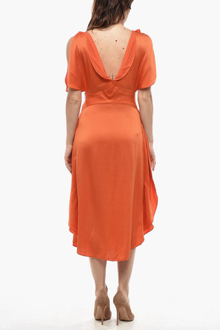 Aus Satin ausgestelltes Kleid PAULINA mit Blütenärmeln