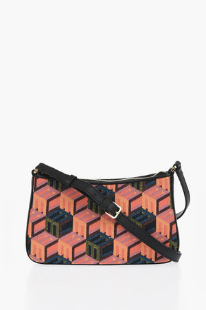 Mini Shoulder Bag With Geometric Pattern And Leather Trims
