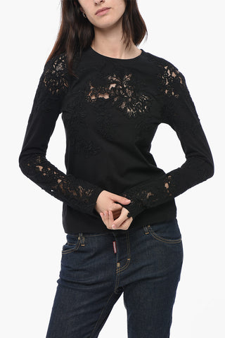 T-Shirt a Maniche Lunghe in Cotone con Inserti Ricamati