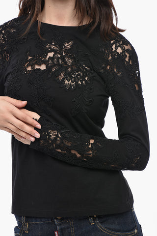 T-Shirt a Maniche Lunghe in Cotone con Inserti Ricamati