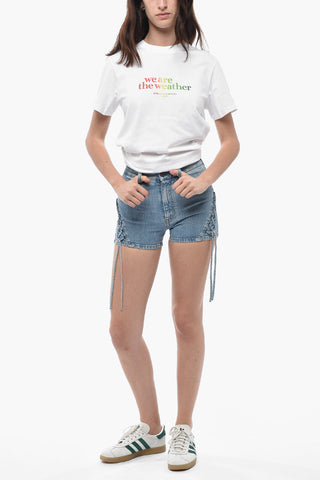 Shorts in Denim Lavaggio Chiaro con Dettagli Lace-up