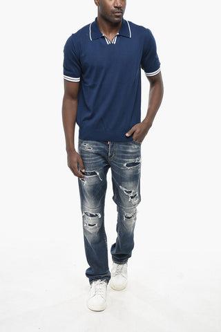 Cotton Knit Top With Short Sleeves And Polo Collar