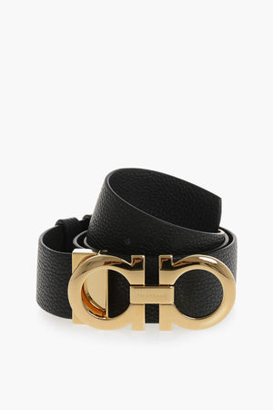 Reversible Pebbled Leather Belt With 35mm Gold Gancini Buckle