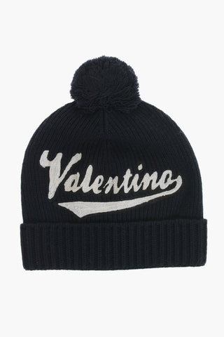 Virgin Wool Beanie With Embroidered Logo And Pom Pom