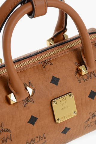 Vegan Leather Mini Barrel Bag With All-Over Logo