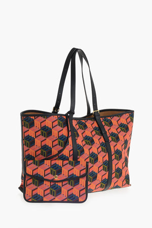 Maxi Borsa Tote a motivo Astratto con Rifiniture in Pelle
