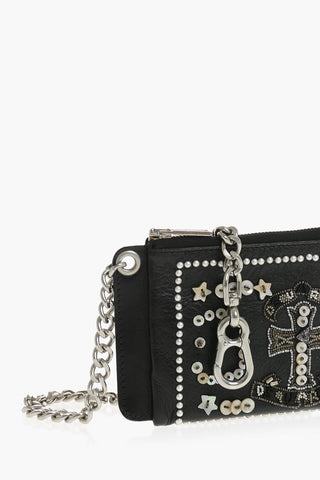 Vintage-Effect Leather Wallet with Sequins