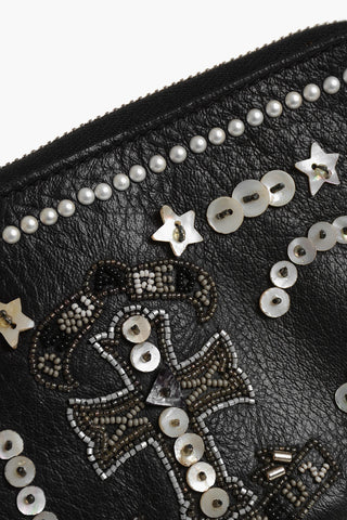 Vintage-Effect Leather Wallet with Sequins