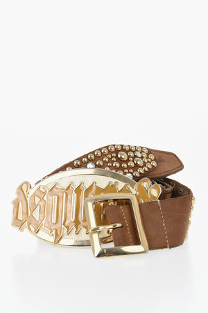Leather Belt Embellished with Gold Studs and Gothic Dsquared Buckle 40mm