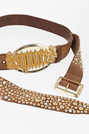 Leather Belt Embellished with Gold Studs and Gothic Dsquared Buckle 40mm
