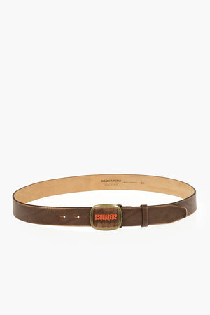 Vintage Leather Belt With Logo Buckle 30mm