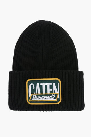 Wool Beanie Hat With Embroidered Patch