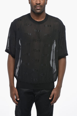 ICON T-Shirt Girocollo in Organza Trasparente con Dettagli in Strass