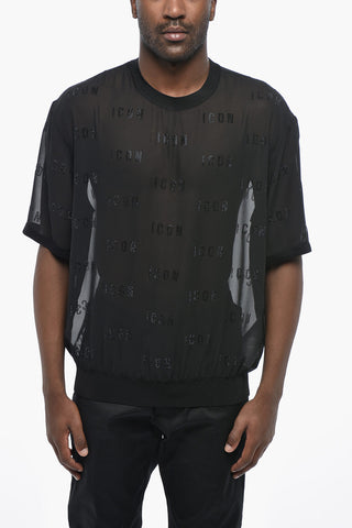 ICON T-Shirt Girocollo in Organza Trasparente con Dettagli in Strass