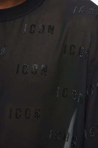 ICON T-Shirt Girocollo in Organza Trasparente con Dettagli in Strass