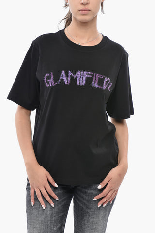 Solid-Color Crewneck T-Shirt EASY FIT with Rhinestone Detail