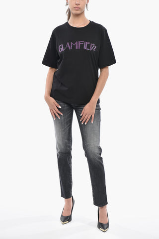 Solid-Color Crewneck T-Shirt EASY FIT with Rhinestone Detail