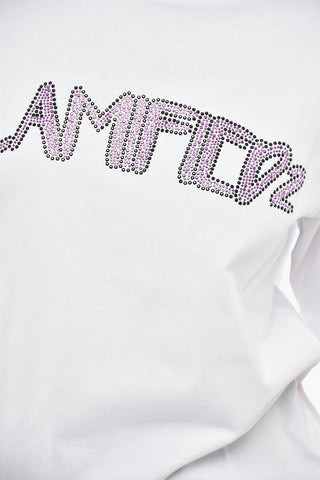 T-Shirt Girocollo EASY FIT in Tinta Unita con Dettaglio Impreziosito da Strass