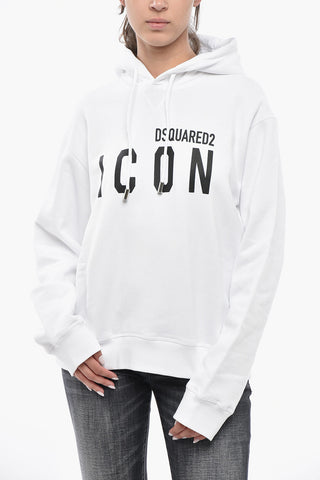 ICON 면 플리스 후드 스웨트셔츠 대비 프린트