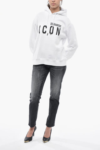 ICON 면 플리스 후드 스웨트셔츠 대비 프린트