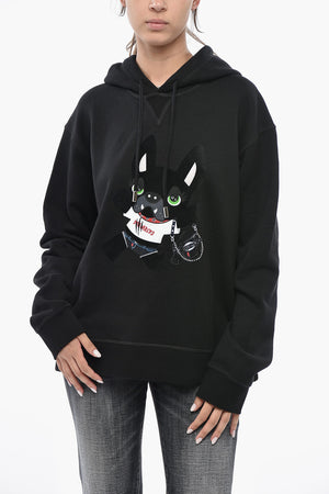 Fleece Cotton Hoodie with Velour Print and Rhinestones