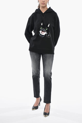 Hoodie aus Baumwollfrottee mit Veloursdruck und Strass