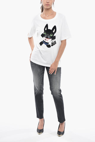 T-Shirt mit Rundhalsausschnitt EASY FIT, einfarbig mit ikonischem Print, verziert mit Strass
