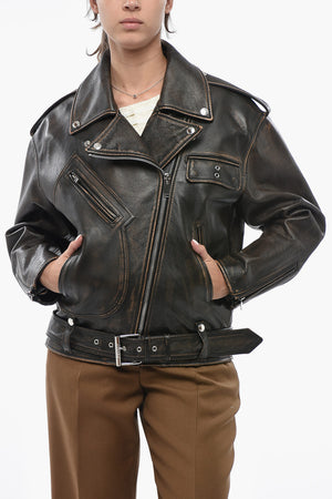 Oversized Vintage-Effect Leather Biker Jacket