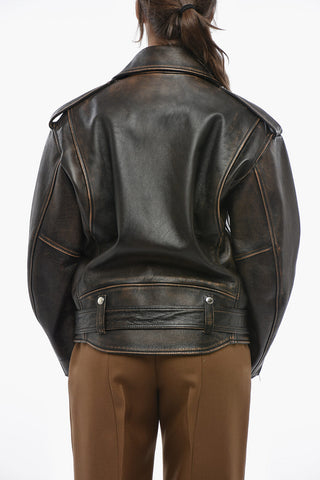 Oversized Vintage-Effect Leather Biker Jacket