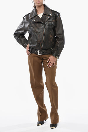 Oversized Bikerjacke aus Leder mit Vintage-Effekt