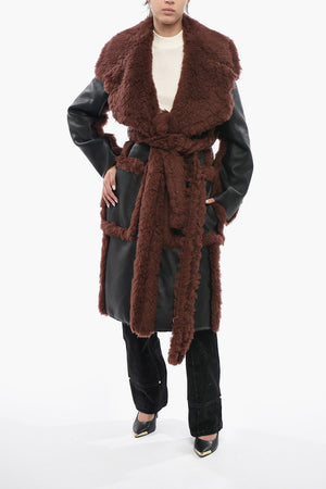 Cappotto in Pelle Vegan con Finiture in Ecopelliccia e Cintura