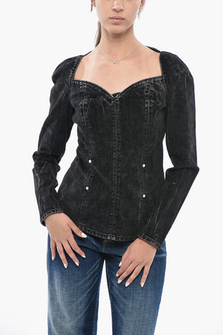 Denim Long-Sleeve Top With Velvety Finish