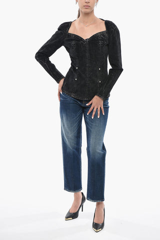 Denim Long-Sleeve Top With Velvety Finish