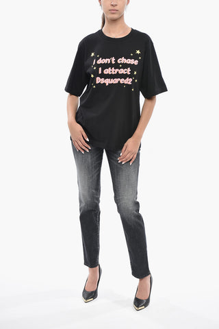 Solid-Color Crewneck T-Shirt EASY FIT with Front Print