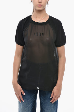 Transparent Crew-Neck T-Shirt with Rhinestone Monogram