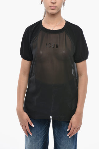 T-shirt Girocollo Trasparente con Monogram in Strass