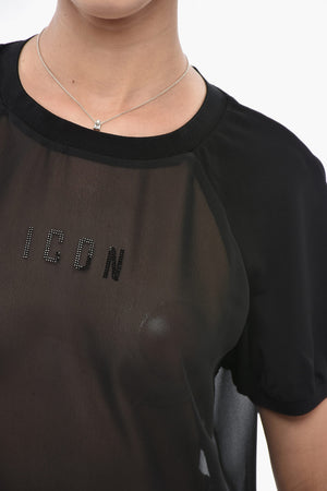 Transparent Crew-Neck T-Shirt with Rhinestone Monogram