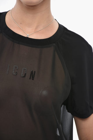 T-shirt Girocollo Trasparente con Monogram in Strass