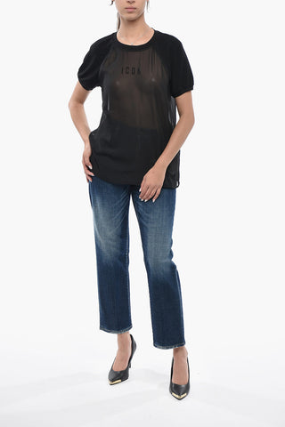 T-shirt Girocollo Trasparente con Monogram in Strass