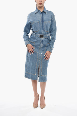 Denim Dress with Long Sleeves, Two Patch Pockets and Belt