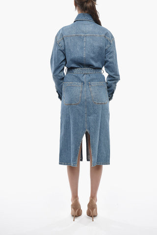 Denim Dress with Long Sleeves, Two Patch Pockets and Belt