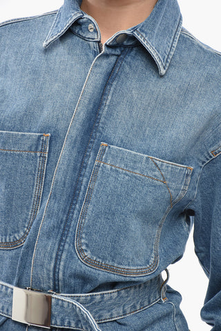 Denim Dress with Long Sleeves, Two Patch Pockets and Belt
