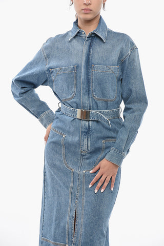 Denim Dress with Long Sleeves, Two Patch Pockets and Belt