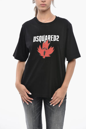Pure Cotton Crew Neck T-shirt EASY FIT with Horror Maple Leaf Print