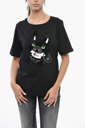 Crewneck EASY FIT T-Shirt in solid color with iconic print embellished with rhinestones