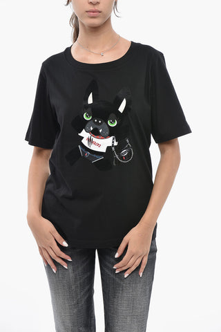 T-Shirt mit Rundhalsausschnitt EASY FIT, einfarbig mit ikonischem Print, verziert mit Strass